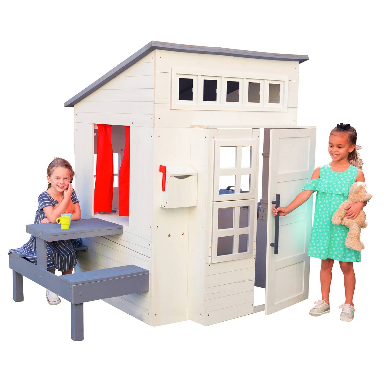 KidKraft White Modern Outdoor Wooden Playhouse with Picnic Table, Mailbox & Outdoor Grill